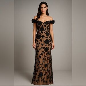 Adrianna Papell Off Shoulder Black Floral Nude Mesh Illusion Gown NWT size 4